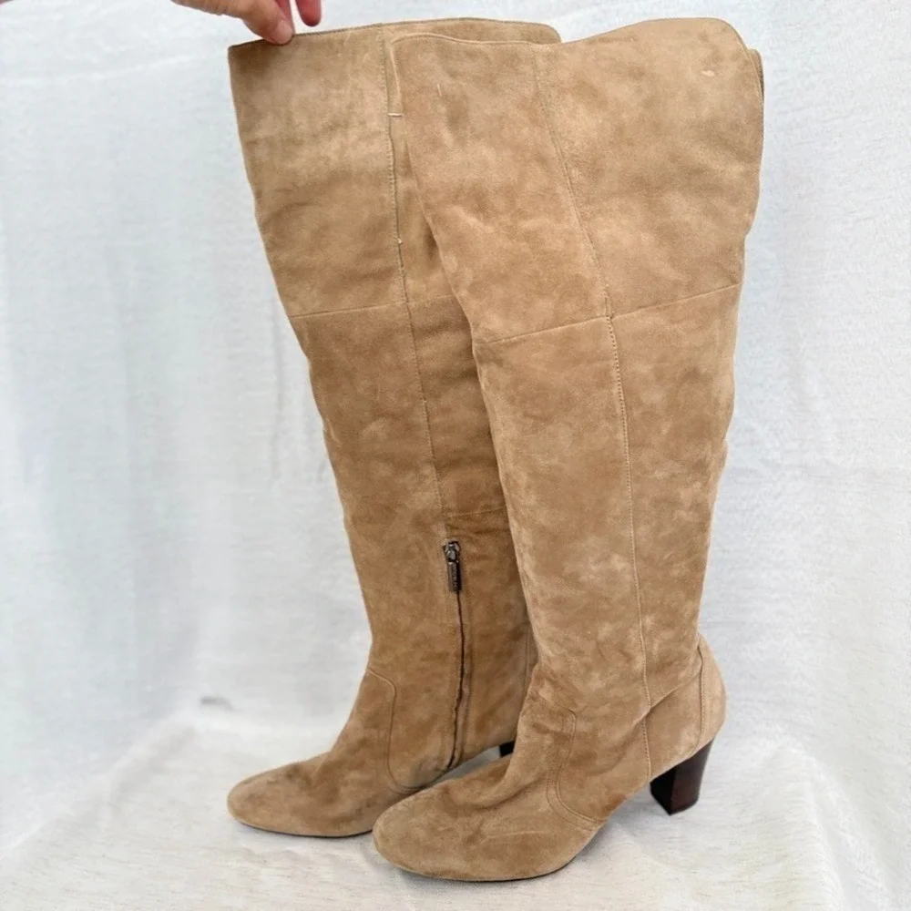 Bandolino Eye Candy Tall Tan Suede Leather Fold Over Knee‎ High Boots Women's 9